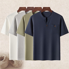 长年现货男士高品质风唐装中老年亚麻V领短袖中年棉麻T恤，男装T恤，钱塘723