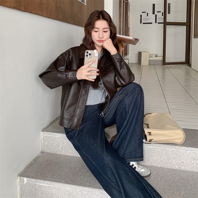复古日系咖色翻领皮衣外套女2025秋季高级感流行爆款酷飒pu皮夹克,女装皮衣,2C258
