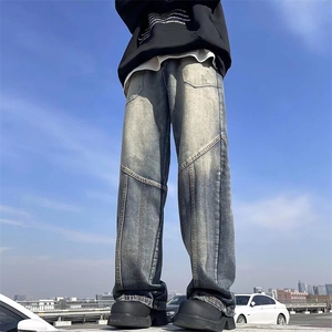 美式高街vibe复古做旧拼接牛仔裤男嘻哈设计感宽松阔腿垂坠感裤子图片