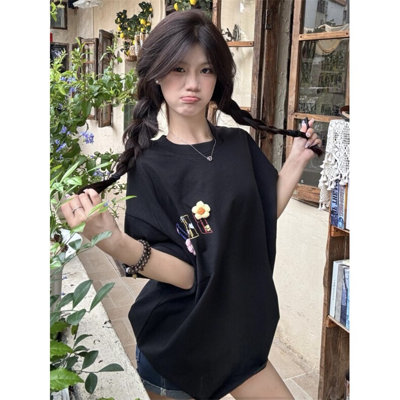 H1016-P35现货#订标+订立体辅料螺纹领宽松短袖T恤,女装T恤,星座617A-2