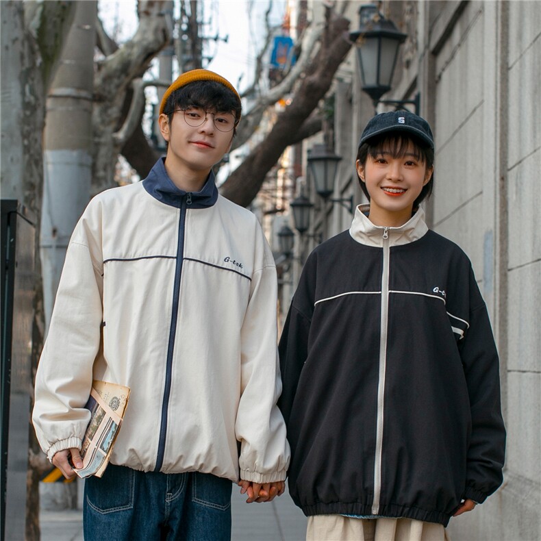 男装类目 2021情侣装春装新款字母刺绣夹克同色系外套班服D68-P88图片