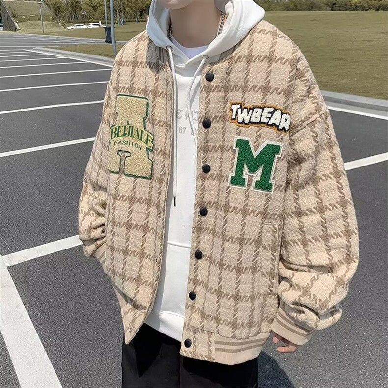 美式刺绣字母拼接棒球服秋季2022新款棋盘格设计刺绣J7714P75图片