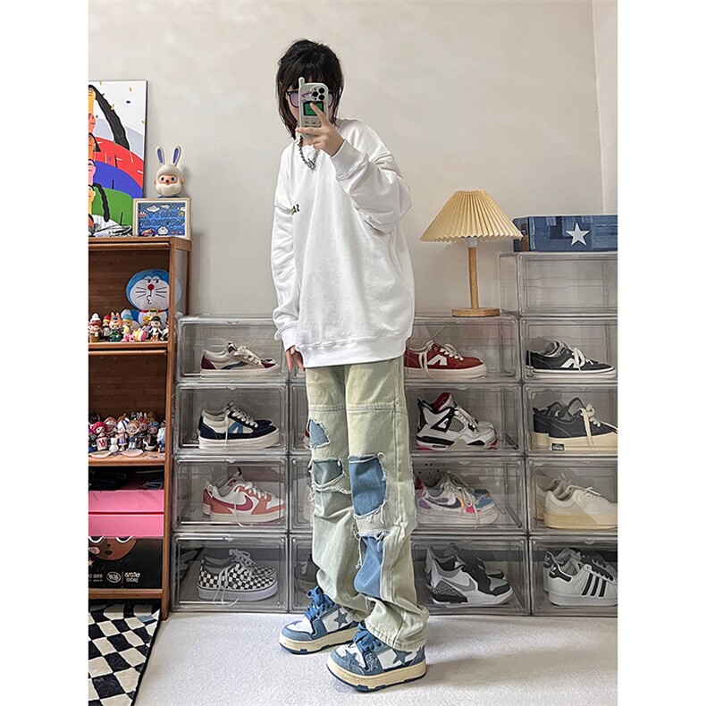 B221美式ins高街暗黑小众撞色破洞直筒牛仔裤LK23109-P65控88,男装牛仔裤,电商B221