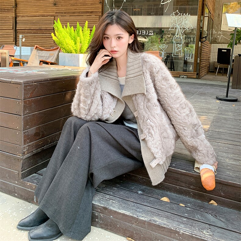 针织拼接羊羔毛短外套女2025冬季新款今年流行设计感时尚皮毛一体,女装羊羔毛/颗粒绒,2C217