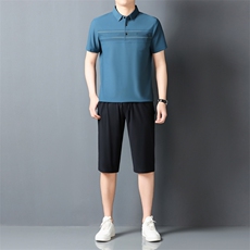 夏季男士短袖短裤套装POLO衫凉感透气翻领简约爸爸休闲冰丝套装，男装牛仔裤，钱塘6003（原4033）