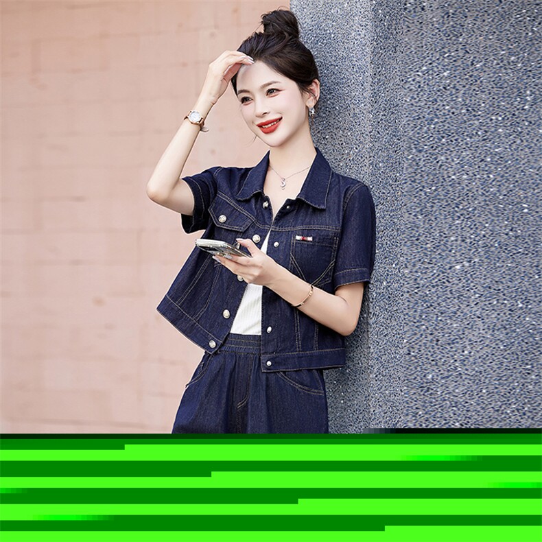 牛仔减龄套装女夏季2025新款小个子高级感阔腿裤两件套,女装套装/套裙,美沁