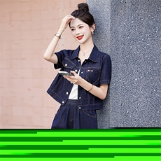 牛仔减龄套装女夏季2025新款小个子高级感阔腿裤两件套，女装套装/套裙，美沁