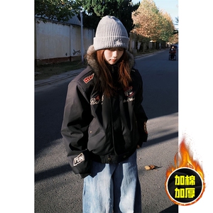 现货高品质美式高街重磅刺绣座山雕大毛毛领棉衣男女加厚棉服外套图片