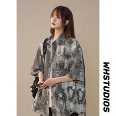 ~新款扎染满印清凉短袖夏季衬衫风冰丝225-2-CS806-P38-控55，女装衬衫，星座225-2