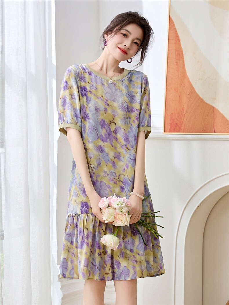 2025夏季新款时尚百搭高端时尚拼接裙年轻印花双绉真丝连衣裙女,女装连衣裙,阿舍尔精品