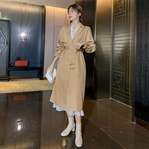 ByYou 2025春季新款高级感中长款卡其色风衣外套女英伦风休闲大衣图片