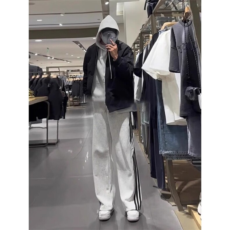 美式复古三条杠条纹裤子男春秋款花灰色卫裤直筒垂感阔腿休闲长裤,男装休闲裤,星座908-1