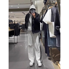 美式复古三条杠条纹裤子男春秋款花灰色卫裤直筒垂感阔腿休闲长裤，男装休闲裤，星座908-1