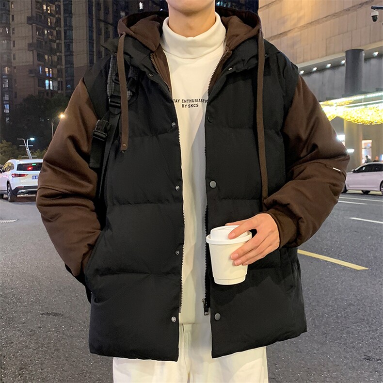 美式复古假两件棉服男冬季新款加厚保暖棉袄重磅连帽面包服外套潮,男装棉衣,电商A001-1