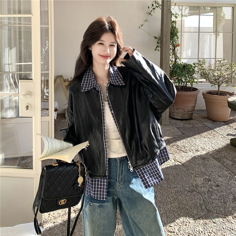 设计感假两件格纹拼接皮衣短外套女2026春季新款宽松休闲显瘦夹克,女装皮衣,艾米莉亚