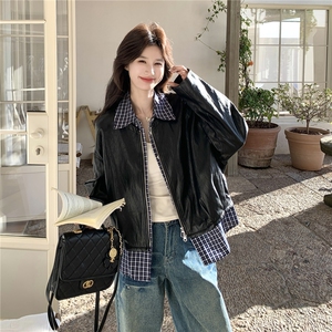 设计感假两件格纹拼接皮衣短外套女2026春季新款宽松休闲显瘦夹克图片