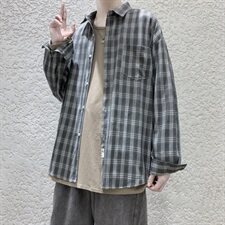 港风秋季小清新外穿长袖衬衫男百搭休闲格子衬衣外套CS22/P45，男装衬衫，电商D202-1