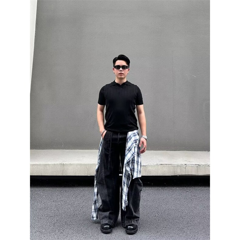 美式复古水洗做旧格子方巾牛仔裤男宽松直筒阔腿拖地长裤子潮,男装牛仔裤,星座506A