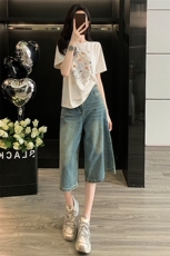 简约休闲时尚运动套装女夏新款圆领贝壳印花上衣宽松牛仔裤两件套，女装套装/套裙，江南