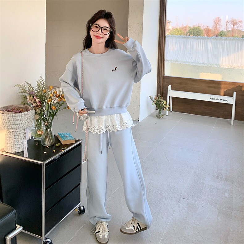 蓝色蕾丝拼接卫衣套装女2025春季新款今年流行芭蕾风小个子两件套,女装套装/套裙,2C037