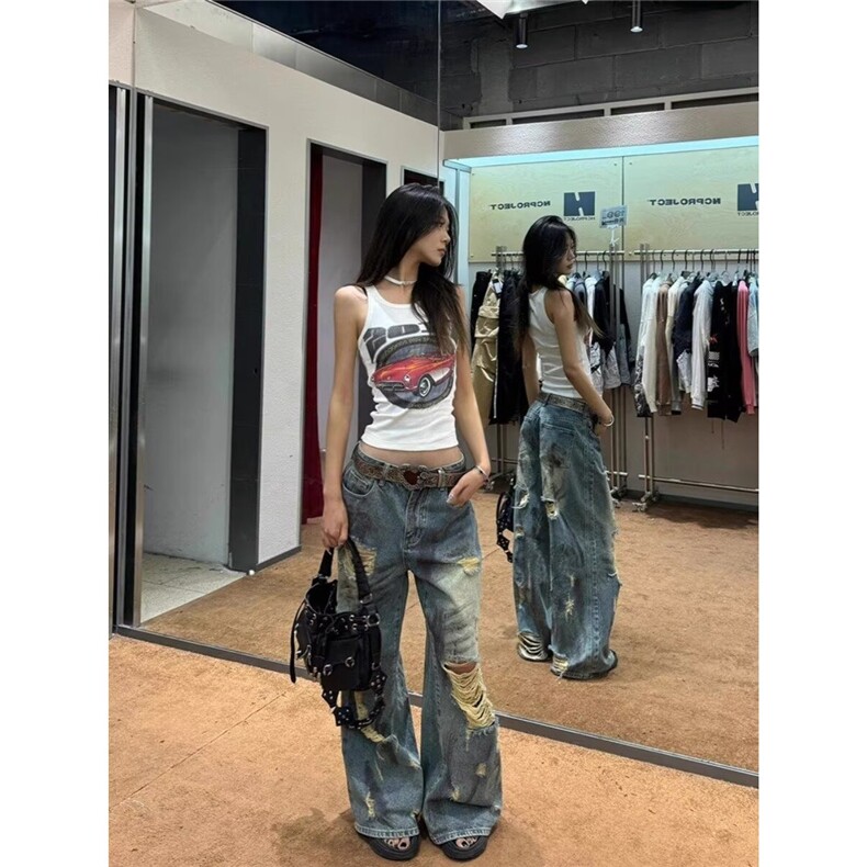 破洞牛仔裤常规高腰牛仔裤长裤子废土风泼墨破洞牛仔裤子女做旧,男装牛仔裤,星座1210-1