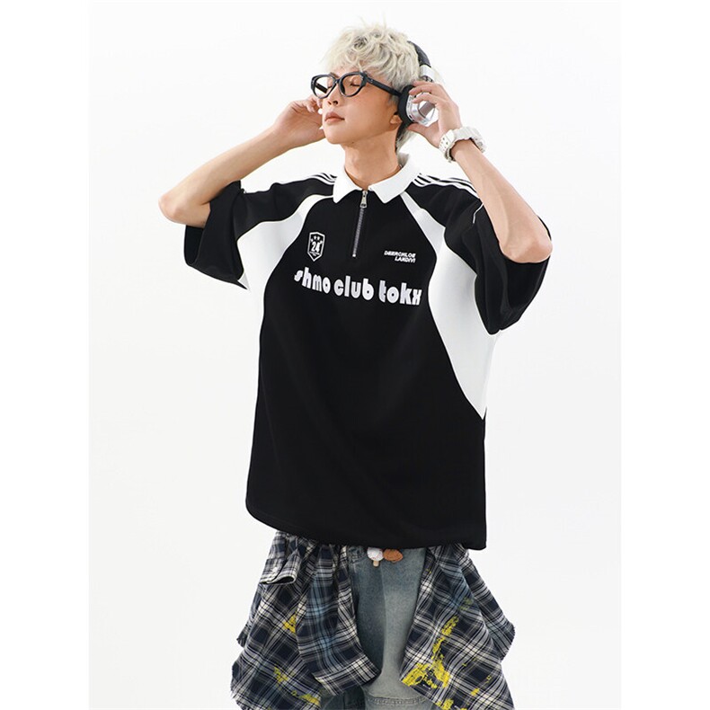 405A高街美式翻领半拉链设计感印花polo短袖T恤T2541-P45控68,男装T恤,星座405A
