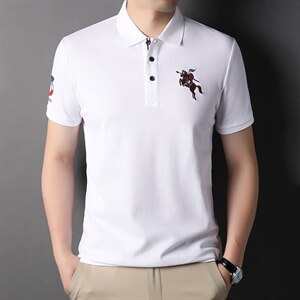 新款T恤男士纯色翻领纯棉商务休闲宽松运动服上衣潮流百搭体恤衫图片