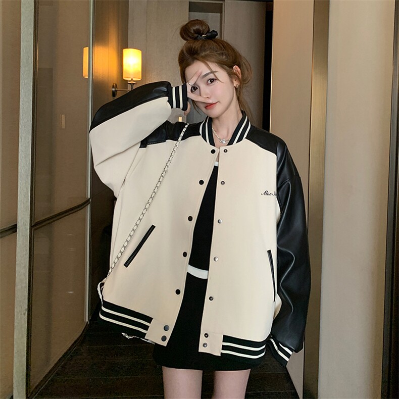 白色短款棒球服外套女春秋2025新款韩系别致甜酷撞色拼接pu皮夹克,女装短外套,2C051