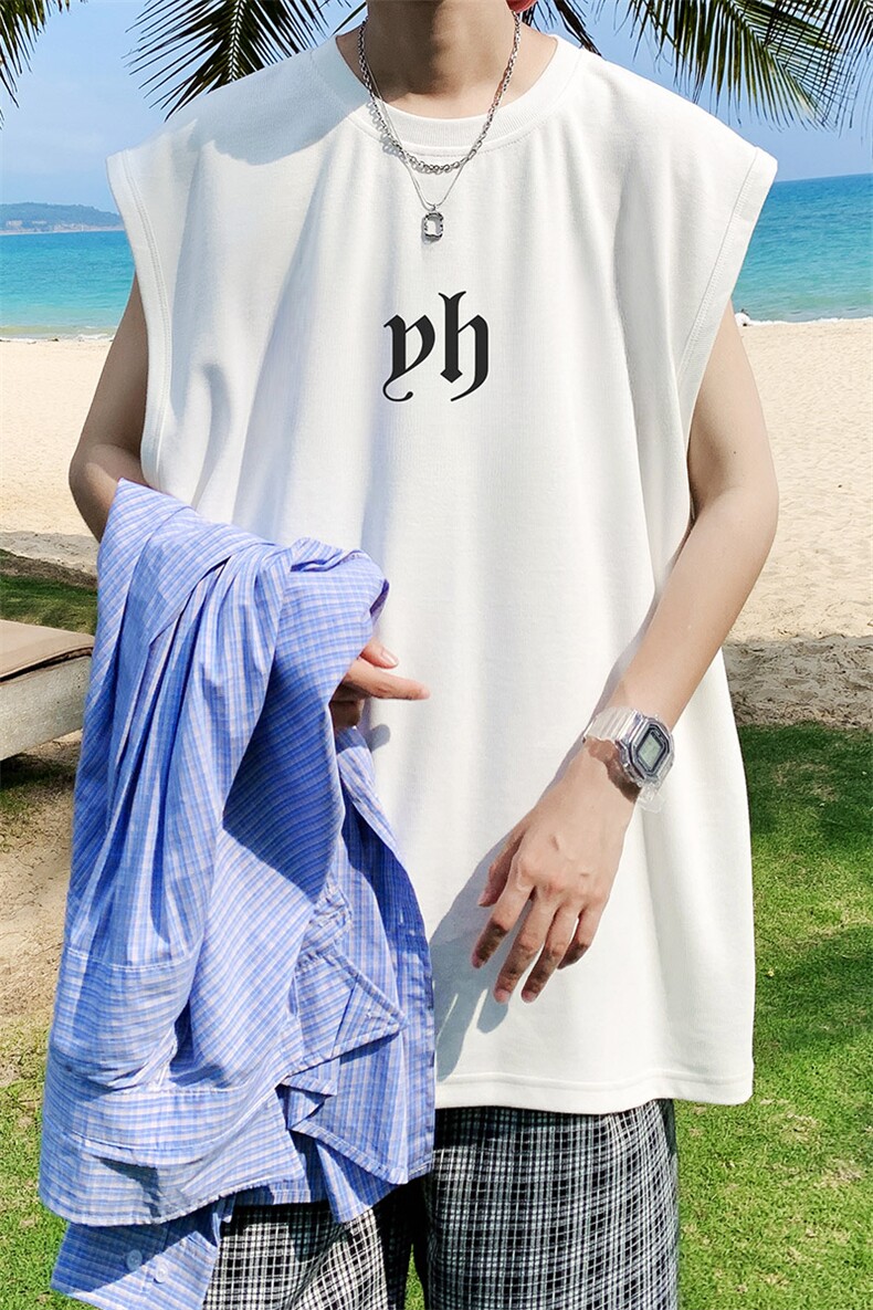 抖音供货、180克现货全棉印花背心宽松无袖T恤D223A-BX2228-P20,男装背心/马甲,电商019-1