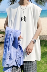 抖音供货、180克现货全棉印花背心宽松无袖T恤D223A-BX2228-P20，男装背心/马甲，电商019-1