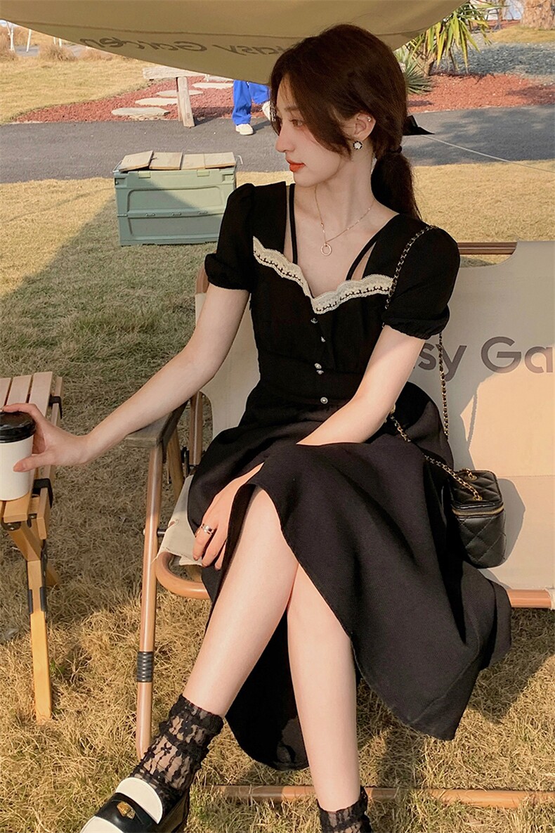 2023夏季短袖法式花边连衣裙女显瘦方领泡泡袖长裙子夏季,女装连衣裙,韩蜜菓