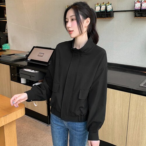 小个子纯色立领夹克拉链上衣女2022秋新款时尚百搭休闲通勤短外套，女装短外套，辉之琳