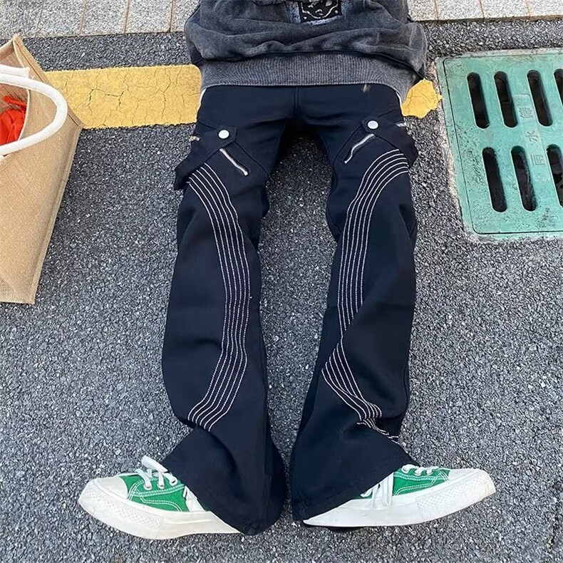 欧美高街小众设计直筒微喇叭牛仔裤男潮牌嘻哈痞帅工装裤NB25P60图片