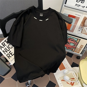 抖音得物品质二开240克宽松纯棉美式高街痞帅潮牌金属装饰短袖T恤图片