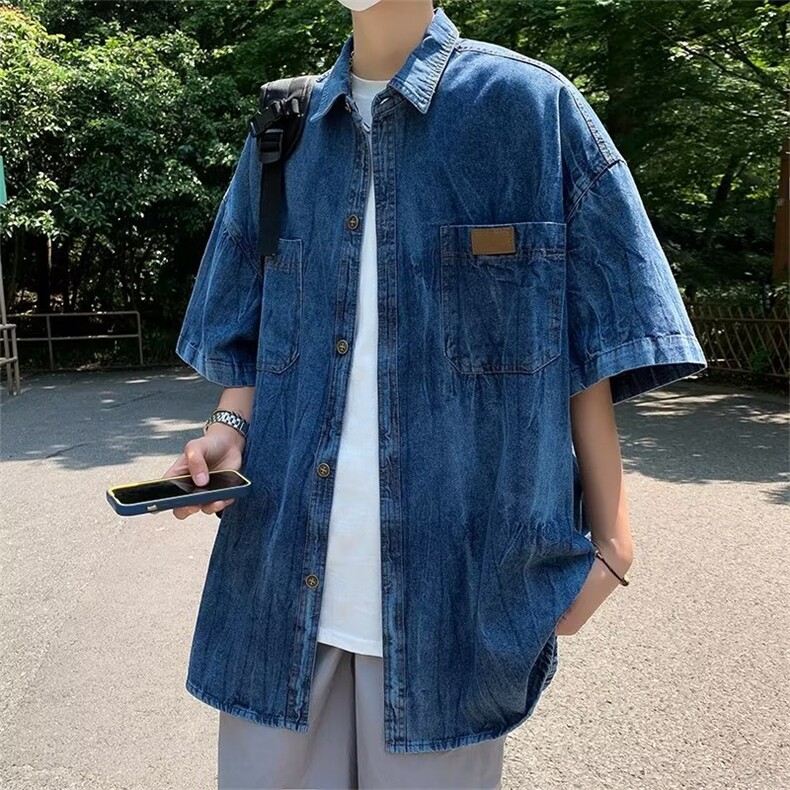 短袖牛仔衬衫男夏季小众复古外套潮牌痞帅宽松半袖寸衫CS633-P45图片