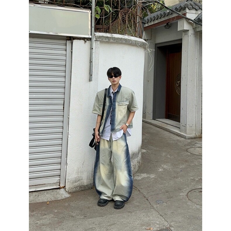 小众设计复古洗水手绘涂鸦牛仔短袖外套宽松休闲美式牛仔裤,男装休闲套装,星座1210-1