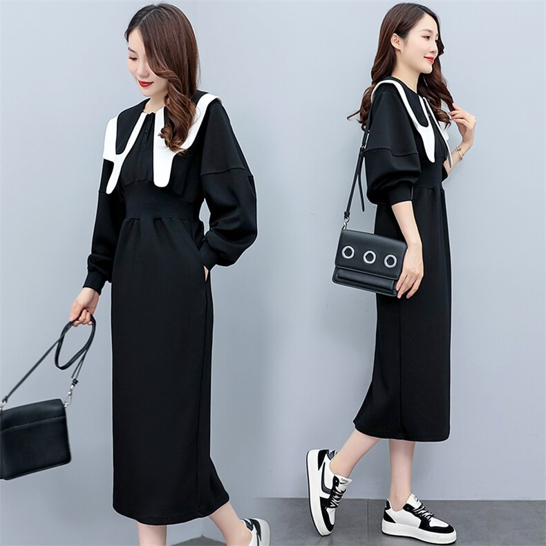 黑色娃娃领法式连衣裙女早秋季赫本风收腰卫衣裙子2022新款欧洲站，女装连衣裙，曼娅璐