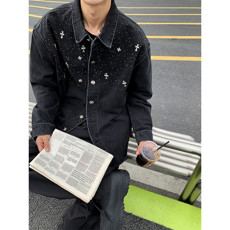 复古重工镶砖牛仔外套男高街宽松水洗衬衫长袖翻领上衣JK1086-P90,男装夹克,星座1103-3