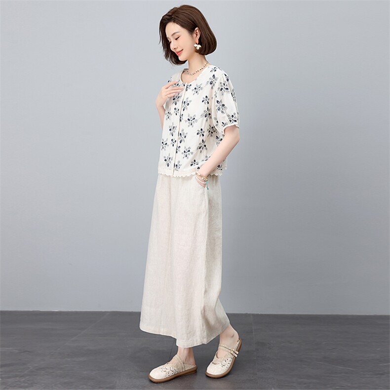 时尚绣花套装女夏季2025年新款妈妈洋气宽松短袖衬衫九分裤两件套,女装套装/套裙,奕阳依阁