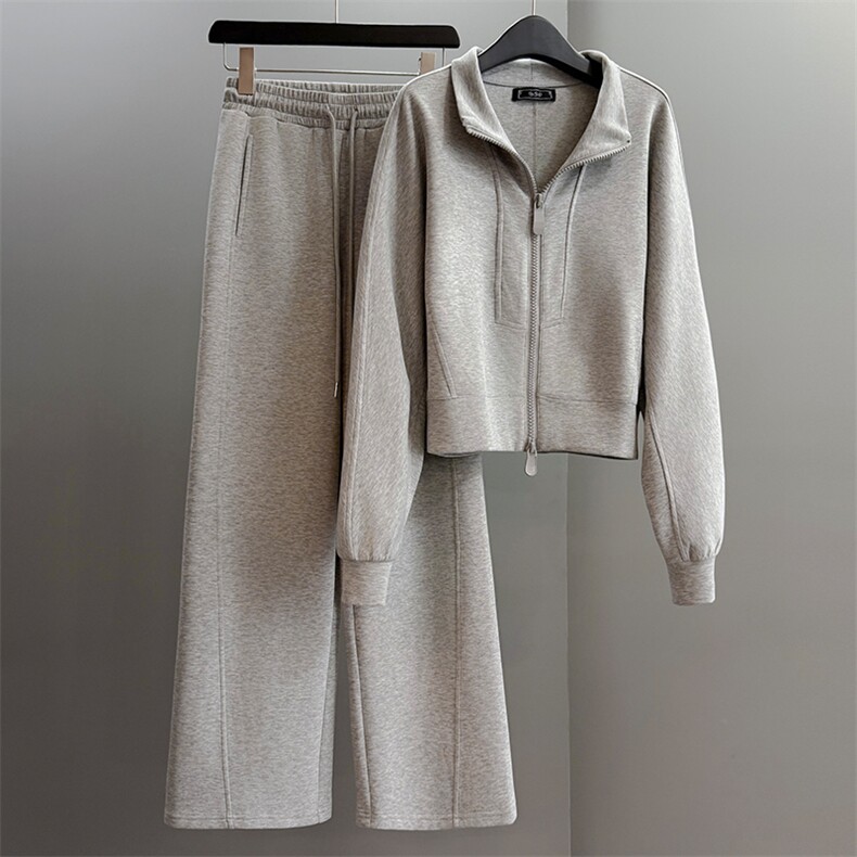 高级感休闲运动套装女秋新款时髦显瘦翻领卫衣阔腿长裤两件套简约，女装套装/套裙，江南