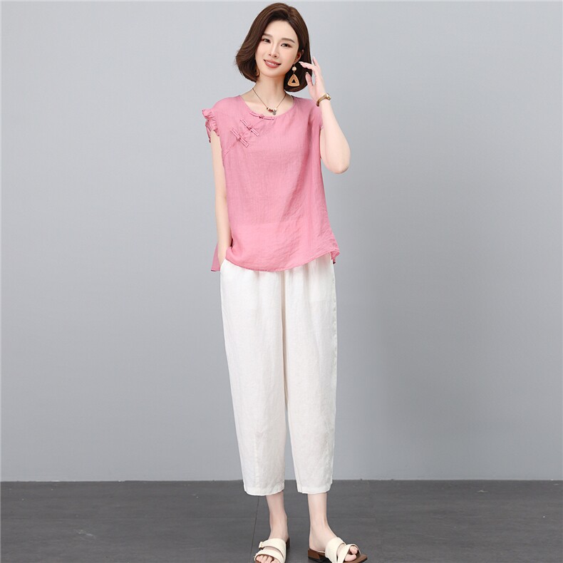 棉麻套装女2026夏季新款中年妈妈洋气减龄苎麻条纹衬衫休闲两件套,女装套装/套裙,独衣靓