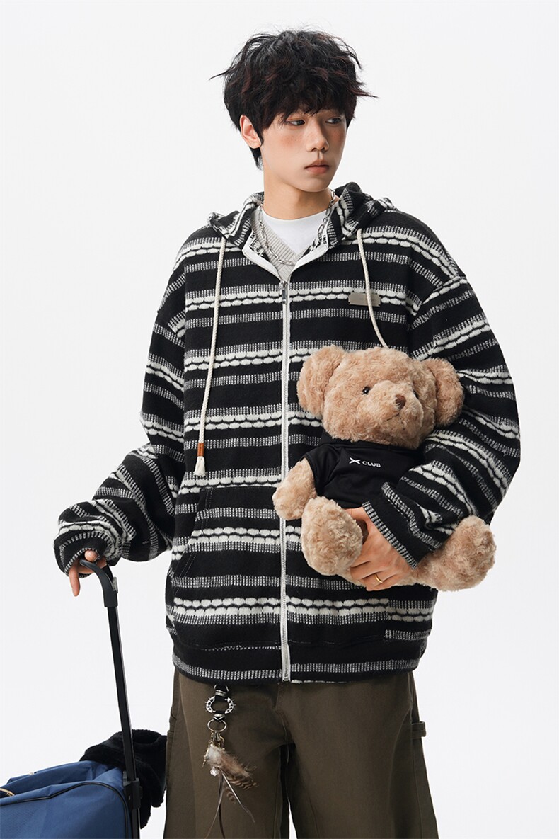 8XL-M潮情侣美式磨毛编织条纹针织衫卫衣宽松拉链外套WY30P88,男装针织衫/毛衣,电商D206-1