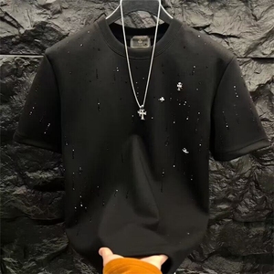 新款痞帅简欧烫钻青少年宽松短袖t恤男夏季时尚百搭休闲品质潮衣图片