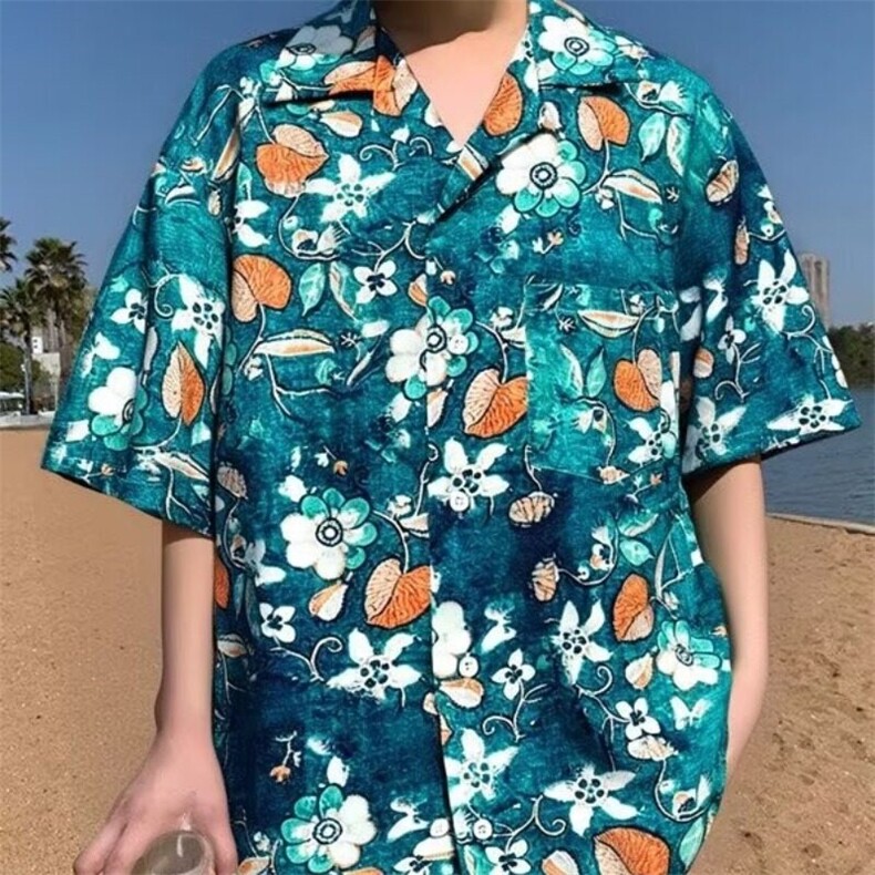 夏威夷风衬衫夏季薄款泰度假海边冰丝短袖花衬衫情侣碎花上衣男,男装衬衫,星座506