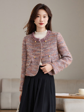 粗花毛呢小外套超短款外搭加棉女装上衣通勤气质小香风裙裤百搭款，女装毛呢外套，婵米儿