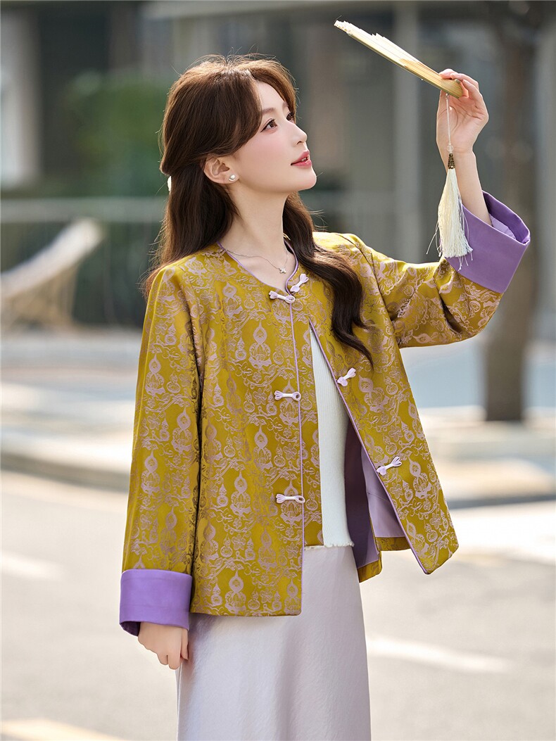 新中式风提花盘扣短外套女春秋2026高级感气质超火减龄百搭上衣,女装短外套,悠米