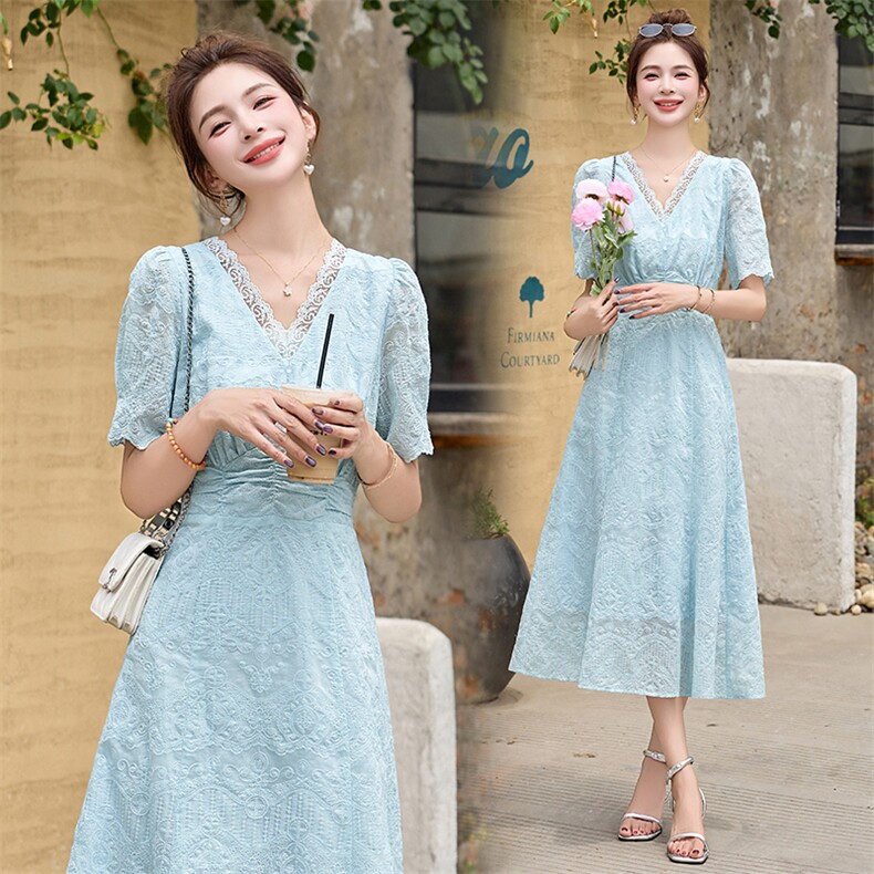 小香风蕾丝拼接刺绣连衣裙女2025夏新款减龄气质优雅收腰显瘦长裙,女装连衣裙,维一诺（1D095）