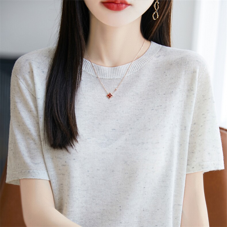 夏季一线成衣天丝亚麻针织短袖女圆领点子纱T恤上衣宽松半袖打底,女装T恤,暖烁羊绒
