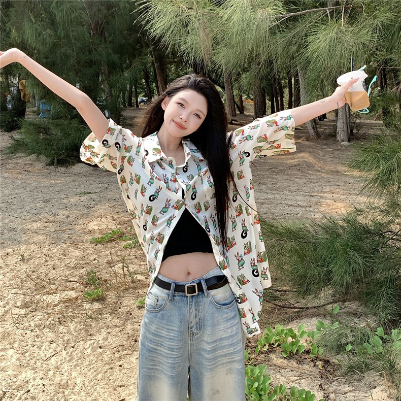 Q412卡通印花夏季衬衫男女情侣装短袖衬衣沙滩旅游度假夏威夷风,女装衬衫,电商C306-1