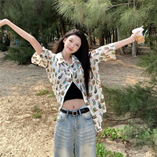 Q412卡通印花夏季衬衫男女情侣装短袖衬衣沙滩旅游度假夏威夷风，女装衬衫，电商C306-1